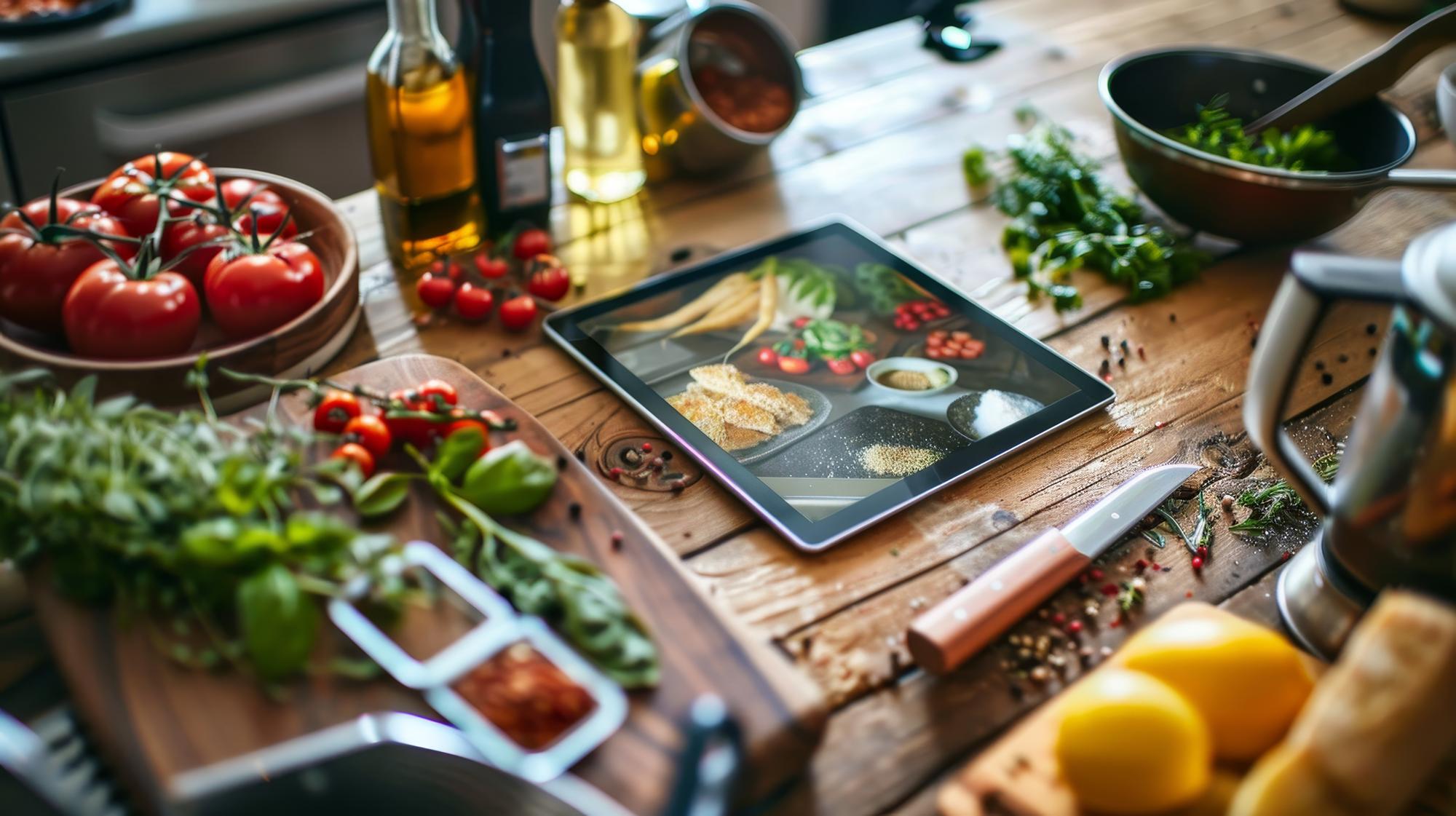 Modern kitchen workspace with digital tablet and plated food